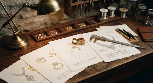 Jewellery sketches and tools on a craftsman's workbench